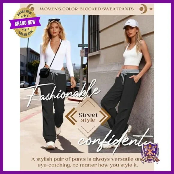 Wide Leg Track Pants with Color Block Waistband, Low Rise Sweatpants, Y2K - Picture 3 of 6